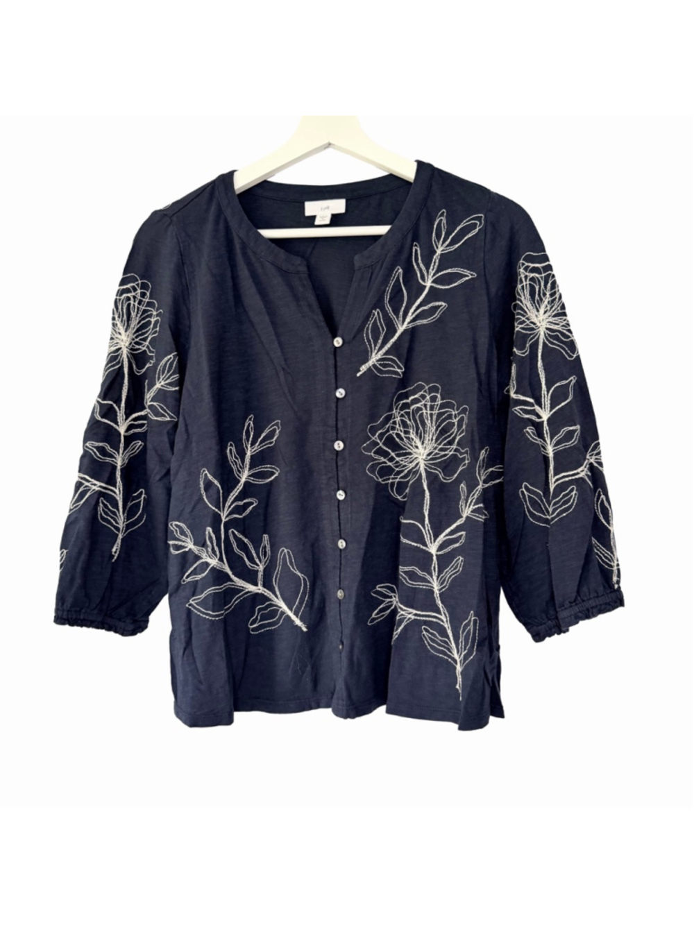 J.Jill Navy Embroidered Floral 3/4 Sleeve Blouse Women's Size Small Petite